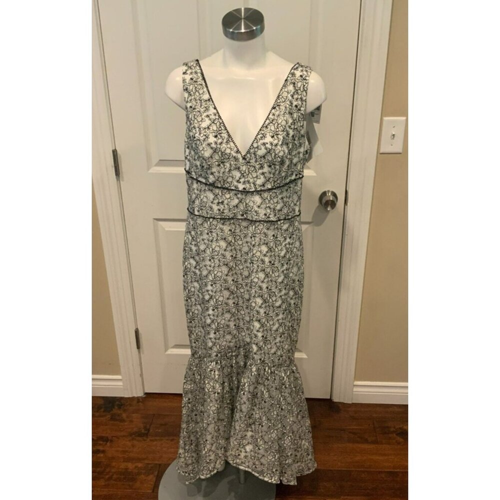 Monique Lhuillier White & Black Floral Mesh Formal Midi Dress, Size 12, NWT!